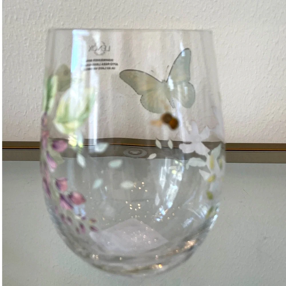 Lenox Butterfly Meadow Stemless Wine Glass Set of 2 Spring Floral Barware NEW